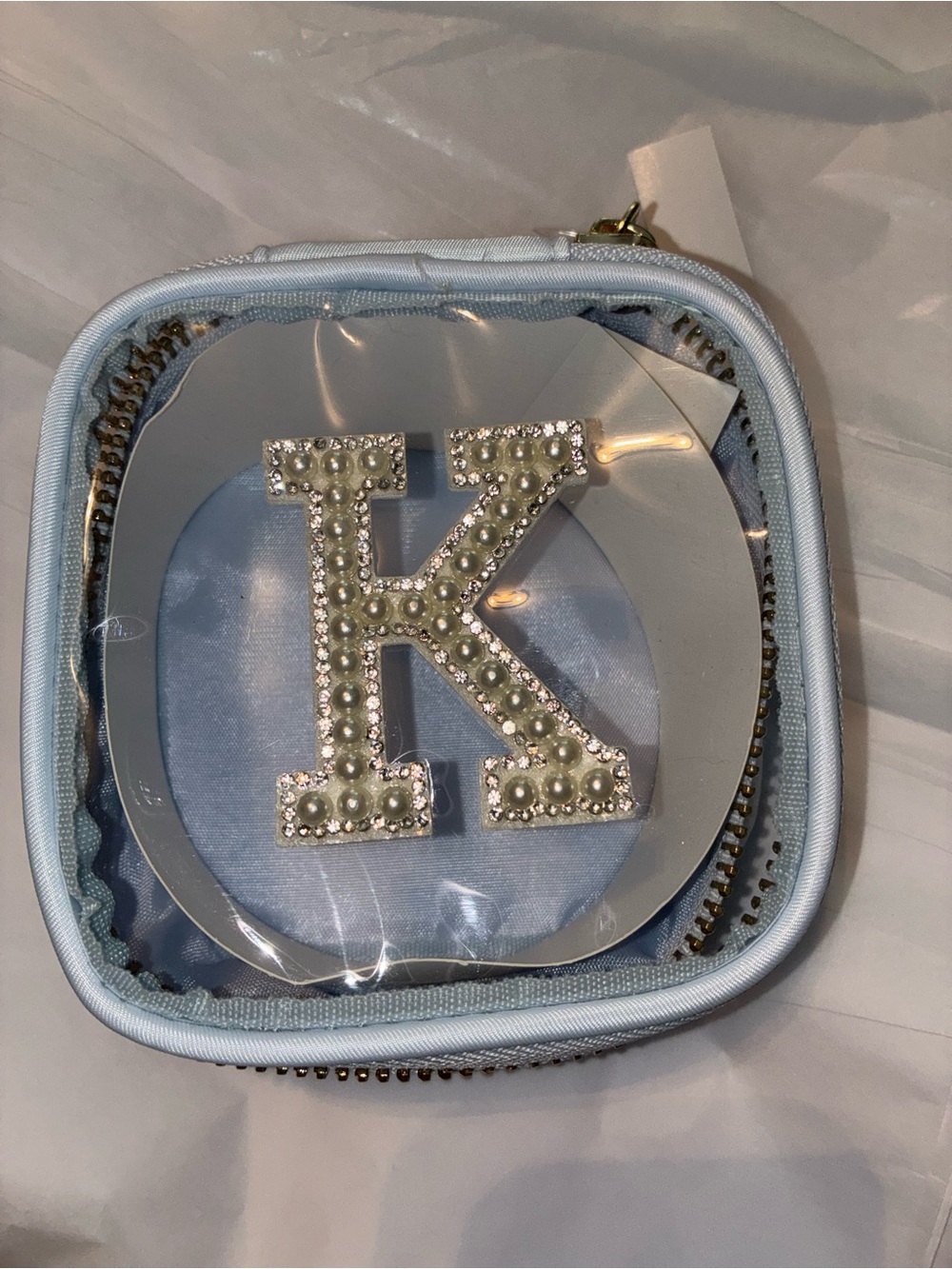 Monogram 'K' Pearl & Rhinestone Accent Pouch - Light Blue